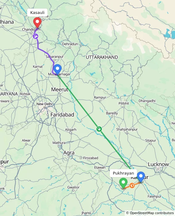 Route map showing distance and travel time from Pukhrayan, India to Kasauli, India