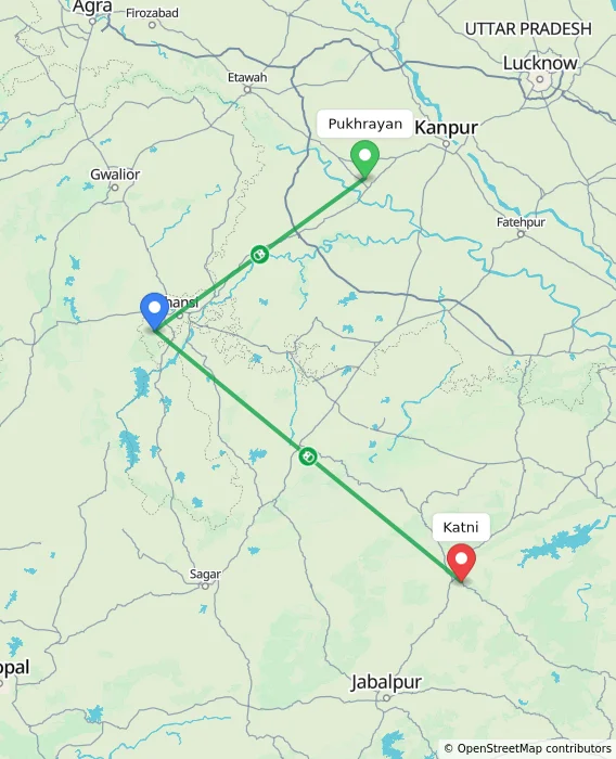Route map showing distance and travel time from Pukhrayan, India to Katni, India