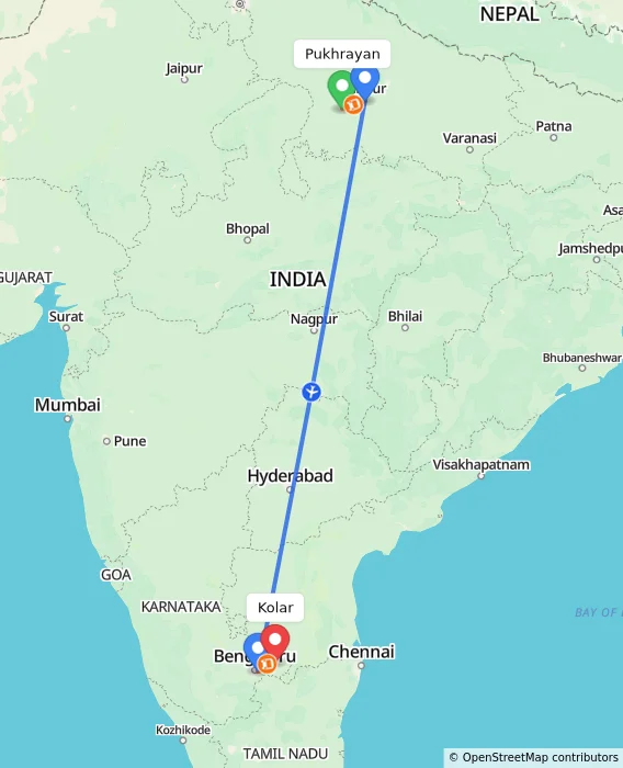 Route map showing distance and travel time from Pukhrayan, India to Kolar, India