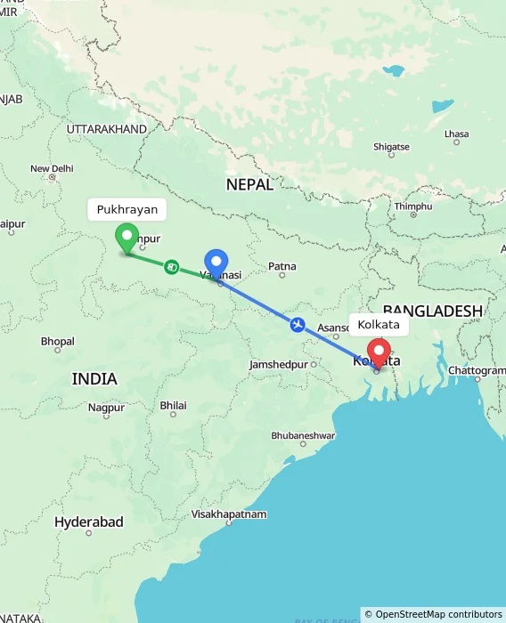 Route map showing distance and travel time from Pukhrayan, India to Kolkata, India