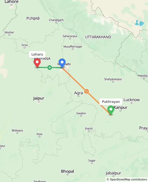 Route map showing distance and travel time from Pukhrayan, India to Loharu, India