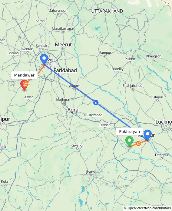 Route map showing distance and travel time from Pukhrayan, India to Mandawar, India