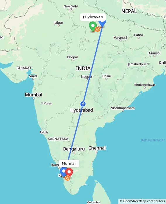 Route map showing distance and travel time from Pukhrayan, India to Munnar, India