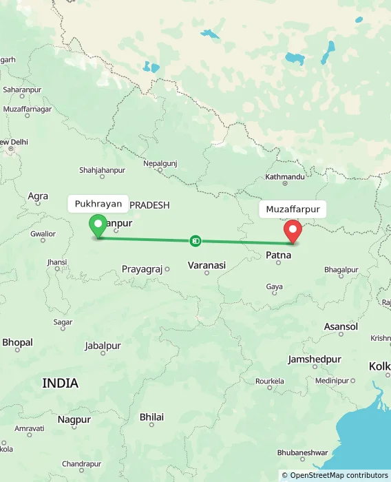 Route map showing distance and travel time from Pukhrayan, India to Muzaffarpur, India