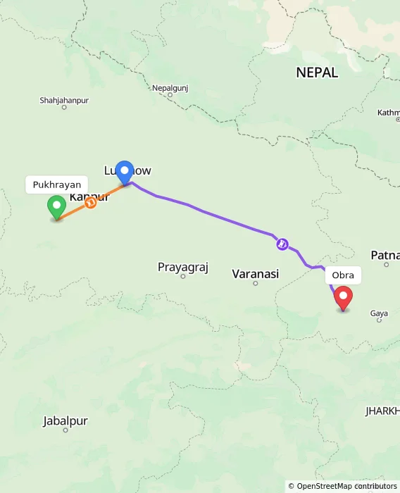 Route map showing distance and travel time from Pukhrayan, India to Obra, India