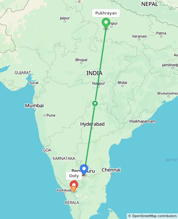 Route map showing distance and travel time from Pukhrayan, India to Ooty, India