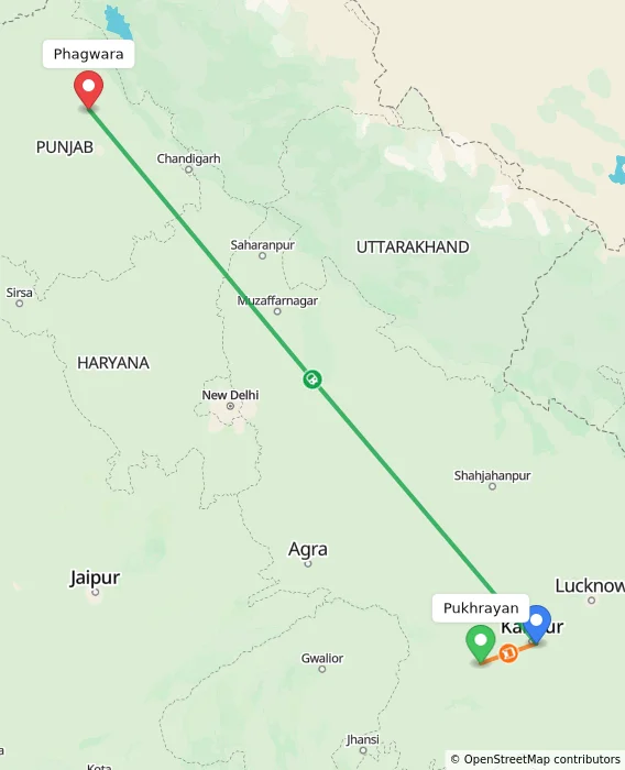 Route map showing distance and travel time from Pukhrayan, India to Phagwara, India