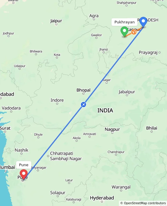 Route map showing distance and travel time from Pukhrayan, India to Pune, India