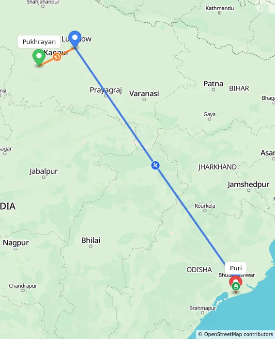 Route map showing distance and travel time from Pukhrayan, India to Puri, India