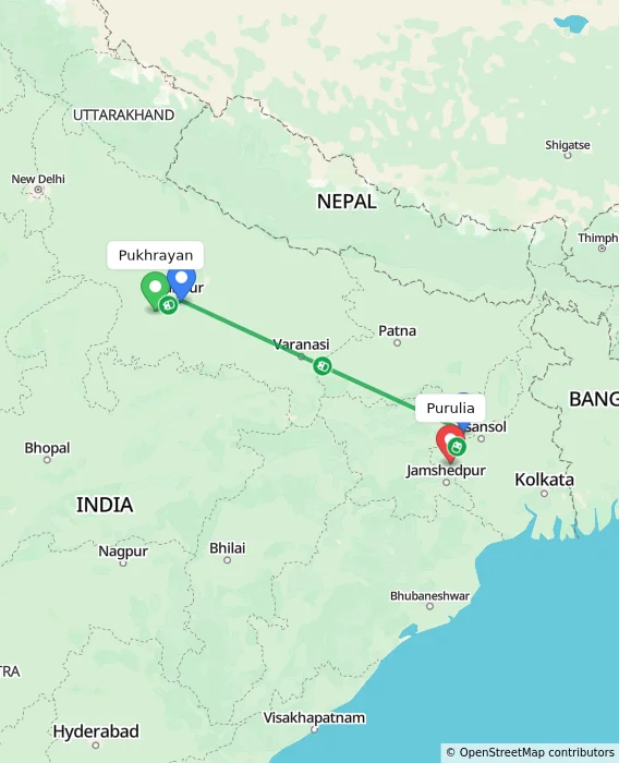 Route map showing distance and travel time from Pukhrayan, India to Purulia, India