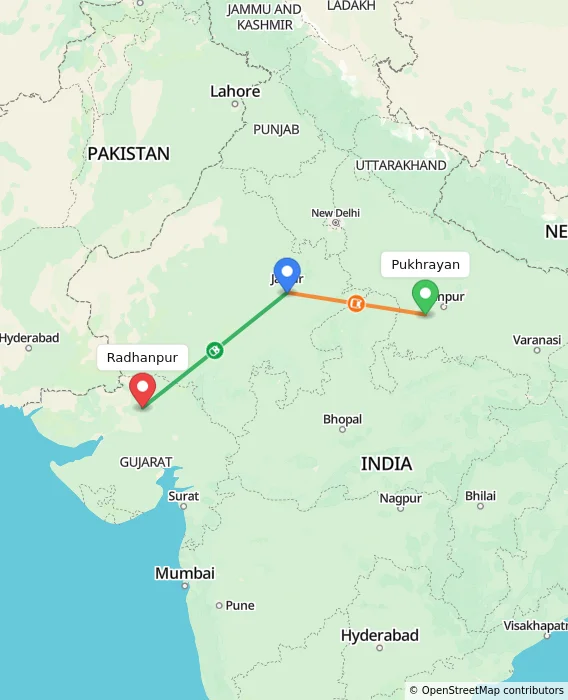 Route map showing distance and travel time from Pukhrayan, India to Radhanpur, India