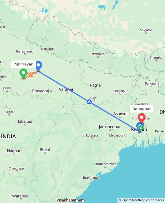 Route map showing distance and travel time from Pukhrayan, India to Ranaghat, India
