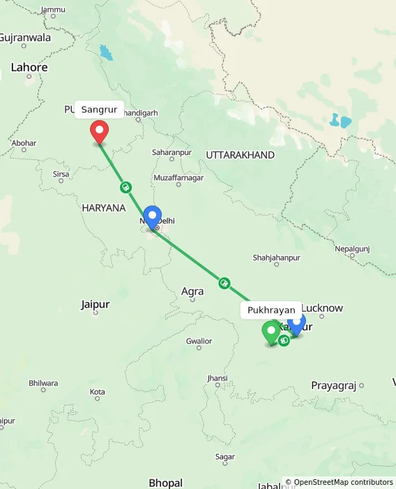 Route map showing distance and travel time from Pukhrayan, India to Sangrur, India