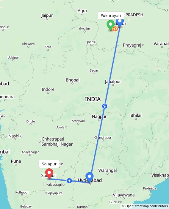 Route map showing distance and travel time from Pukhrayan, India to Solapur, India