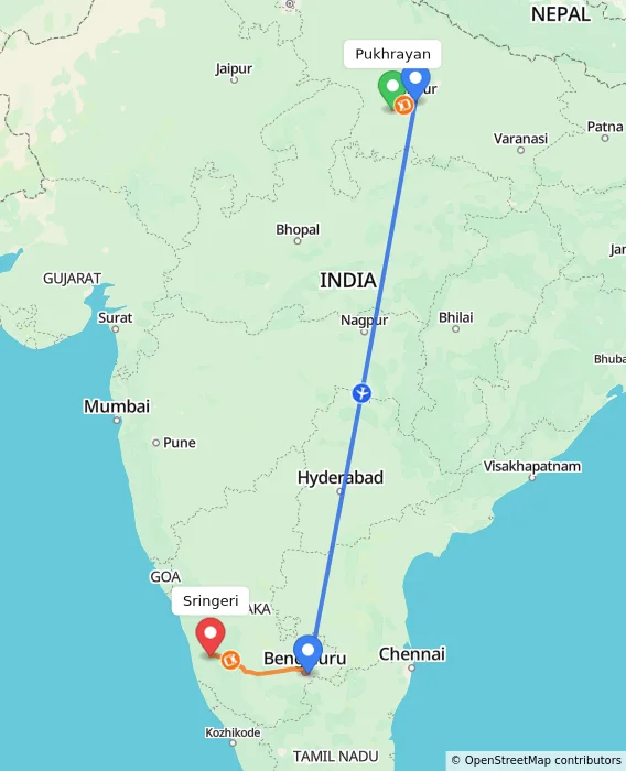 Route map showing distance and travel time from Pukhrayan, India to Sringeri, India