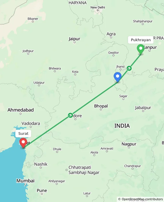 Route map showing distance and travel time from Pukhrayan, India to Surat, India