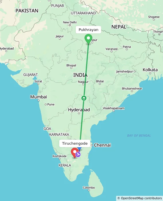 Route map showing distance and travel time from Pukhrayan, India to Tiruchengode, India