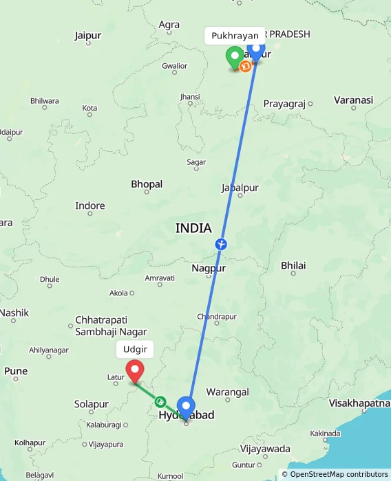 Route map showing distance and travel time from Pukhrayan, India to Udgir, India