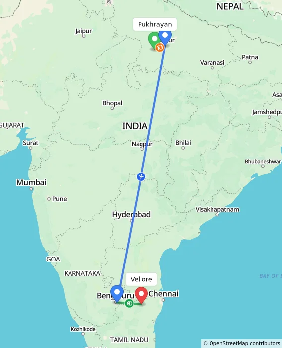 Route map showing distance and travel time from Pukhrayan, India to Vellore, India