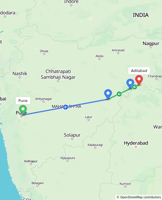 Route map showing distance and travel time from Pune, India to Adilabad, India