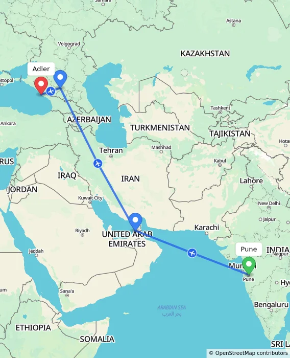 Route map showing distance and travel time from Pune, India to Adler, Russian Federation
