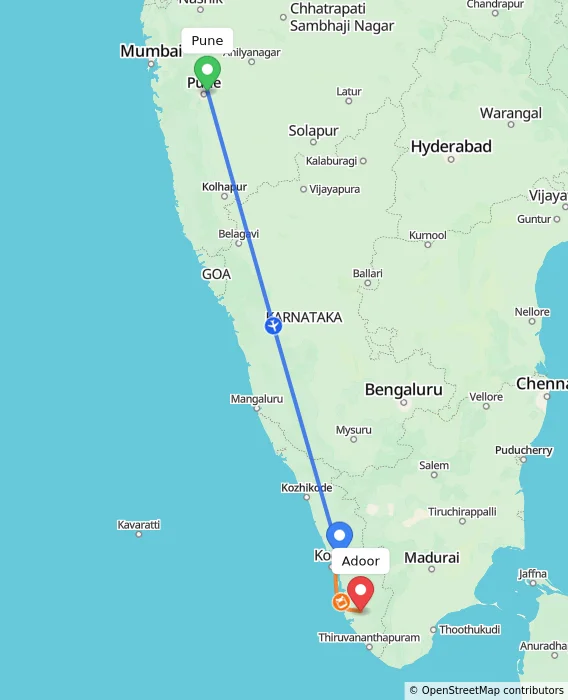 Route map showing distance and travel time from Pune, India to Adoor, India