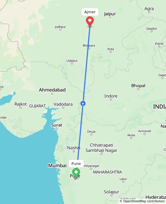 Route map showing distance and travel time from Pune, India to Ajmer, India