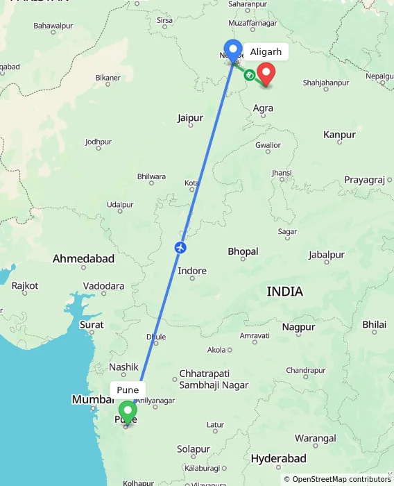 Route map showing distance and travel time from Pune, India to Aligarh, India