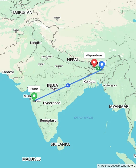 Route map showing distance and travel time from Pune, India to Alipurduar, India