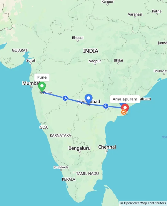 Route map showing distance and travel time from Pune, India to Amalapuram, India