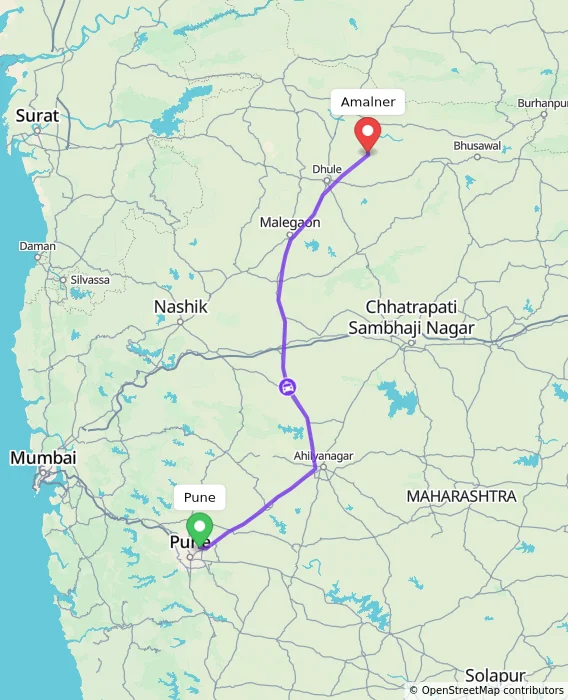 Route map showing distance and travel time from Pune, India to Amalner, India
