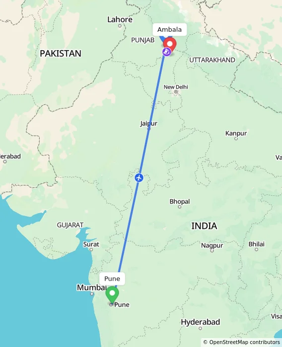 Route map showing distance and travel time from Pune, India to Ambala, India