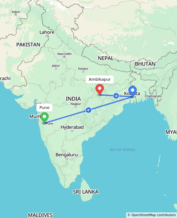 Route map showing distance and travel time from Pune, India to Ambikapur, India