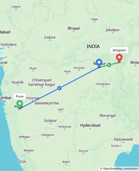 Route map showing distance and travel time from Pune, India to Amgaon, India