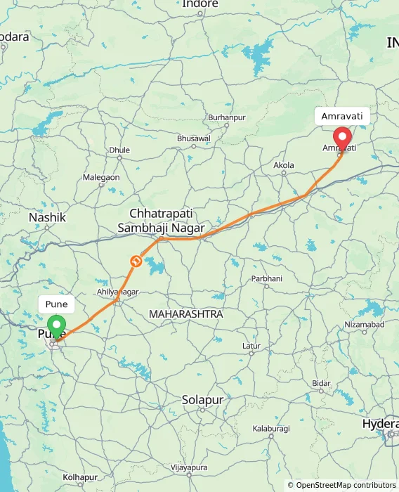 Route map showing distance and travel time from Pune, India to Amravati, India