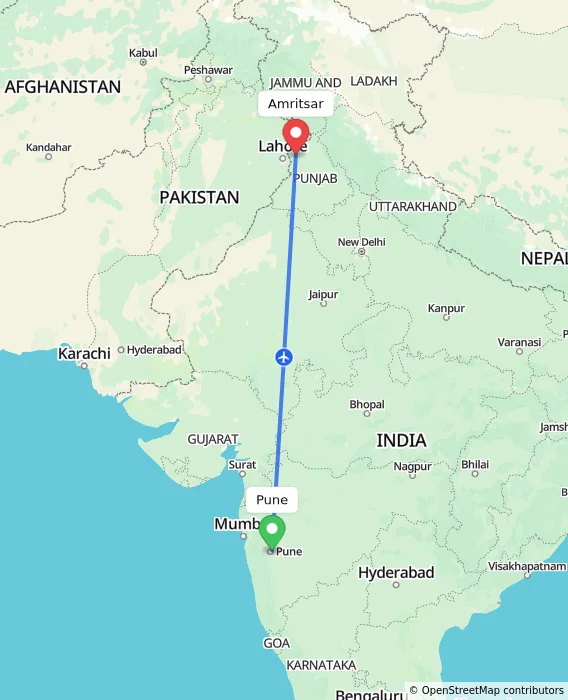 Route map showing distance and travel time from Pune, India to Amritsar, India