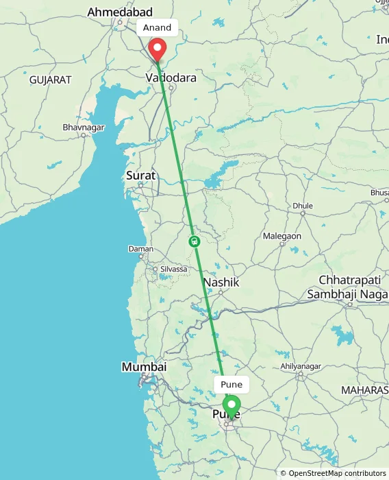 Route map showing distance and travel time from Pune, India to Anand, India