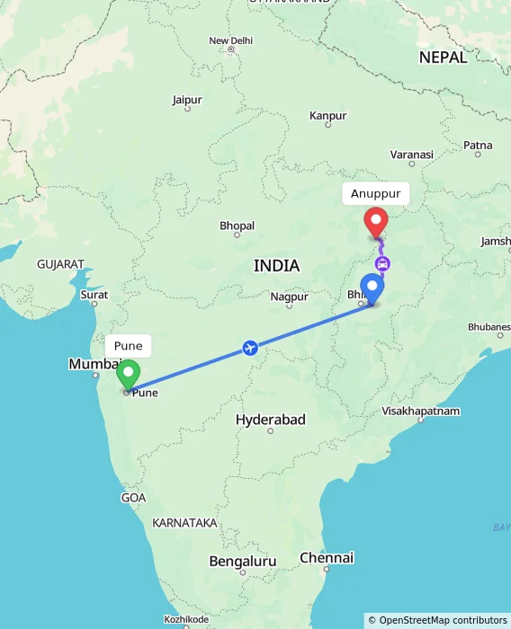 Route map showing distance and travel time from Pune, India to Anuppur, India