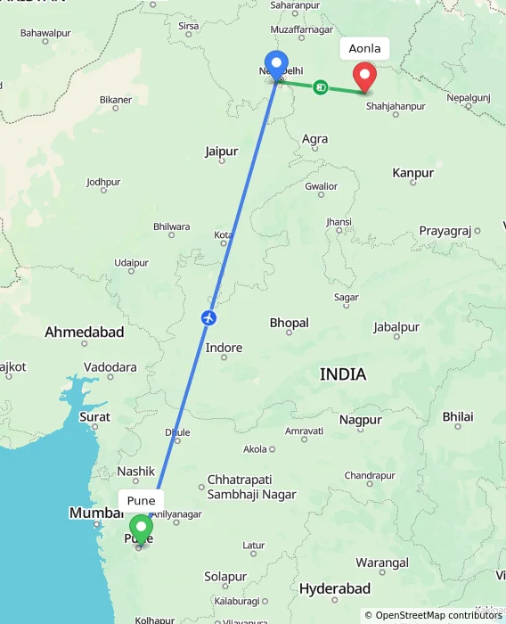 Route map showing distance and travel time from Pune, India to Aonla, India