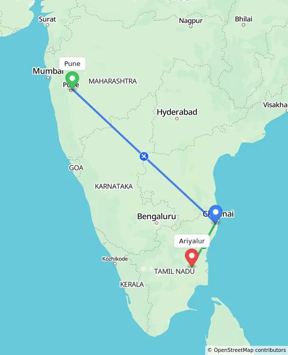 Route map showing distance and travel time from Pune, India to Ariyalur, India