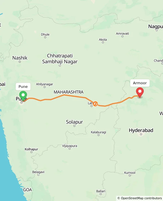 Route map showing distance and travel time from Pune, India to Armoor, India