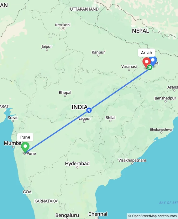 Route map showing distance and travel time from Pune, India to Arrah, India