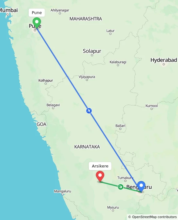 Route map showing distance and travel time from Pune, India to Arsikere, India