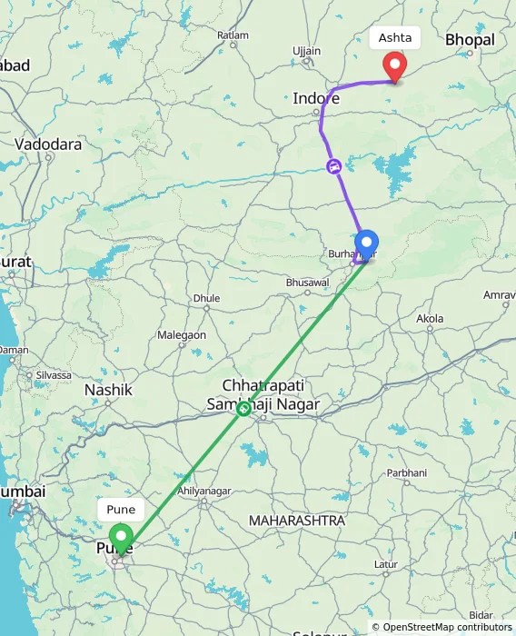 Route map showing distance and travel time from Pune, India to Ashta, India