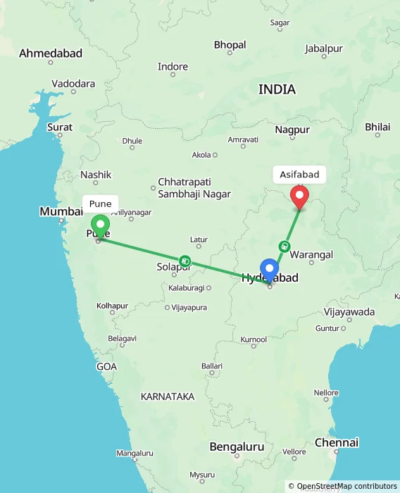 Route map showing distance and travel time from Pune, India to Asifabad, India