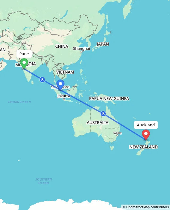 Route map showing distance and travel time from Pune, India to Auckland, New Zealand
