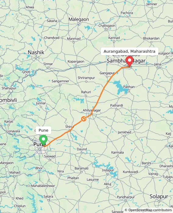 Route map showing distance and travel time from Pune, India to Aurangabad, Maharashtra, India