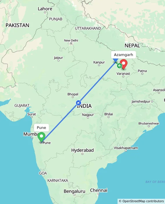 Route map showing distance and travel time from Pune, India to Azamgarh, India