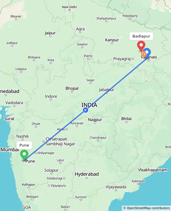 Route map showing distance and travel time from Pune, India to Badlapur, India