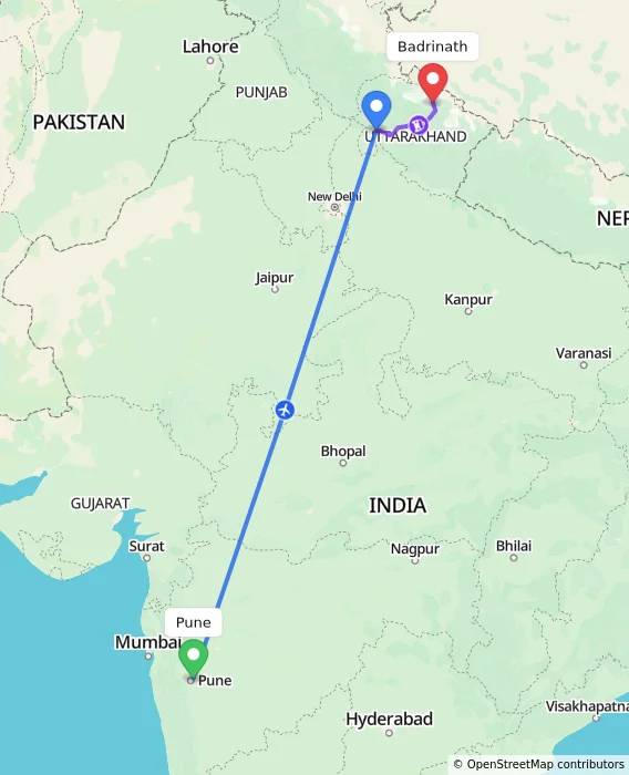 Route map showing distance and travel time from Pune, India to Badrinath, India